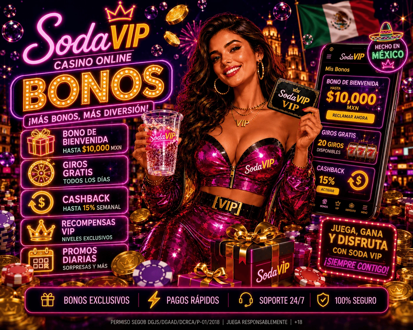 Hero de SodaVIP Bonos con monedas, regalos, luces neon y promociones para México