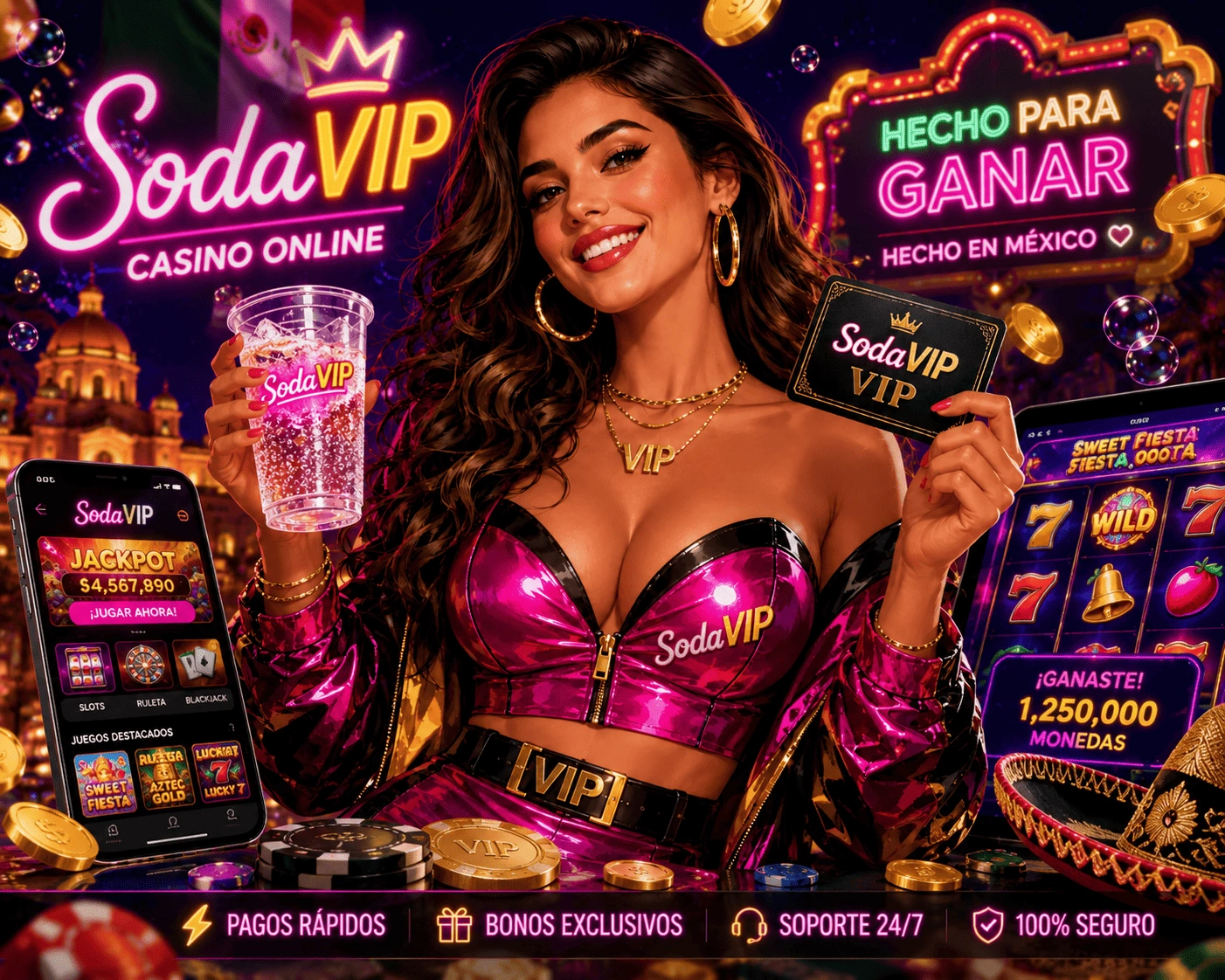 Visual de SodaVIP Casino con mesas en vivo, luces neon y lobby online para México