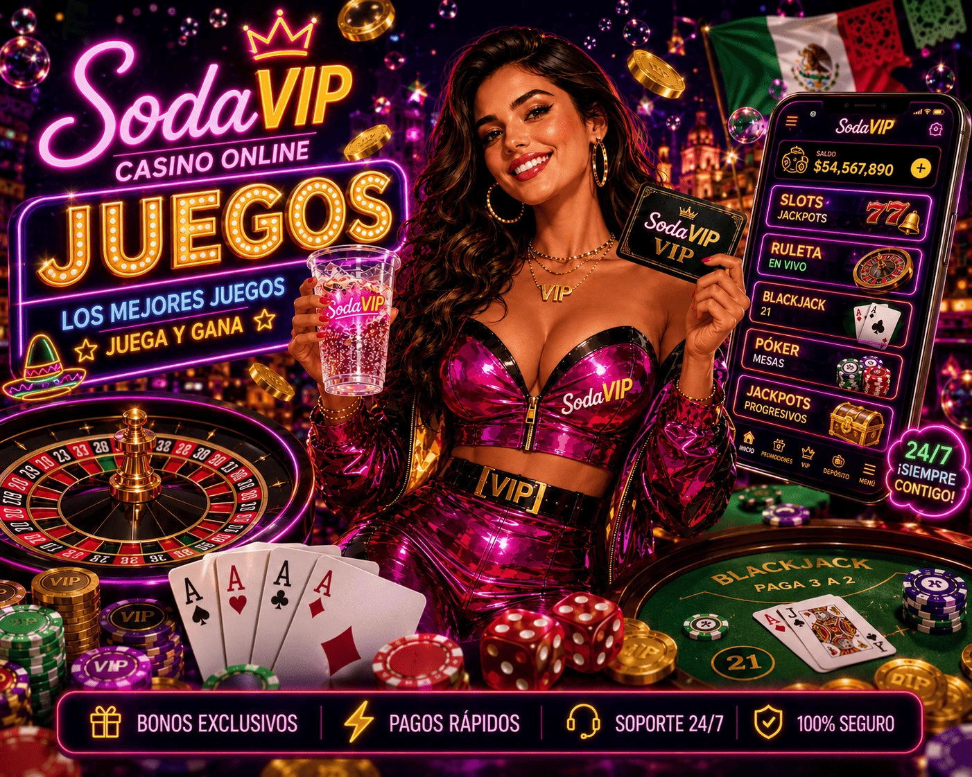 Visual de SodaVIP Games con juegos online, cartas, slots y ambiente neon para México