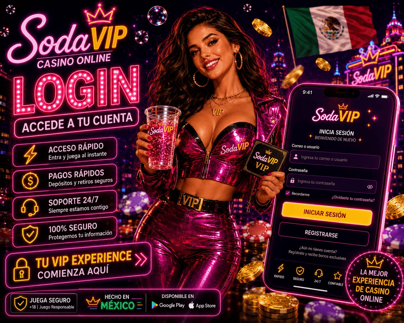 Hero de SodaVIP Login con teléfono, acceso seguro, luces neon y casino móvil para México
