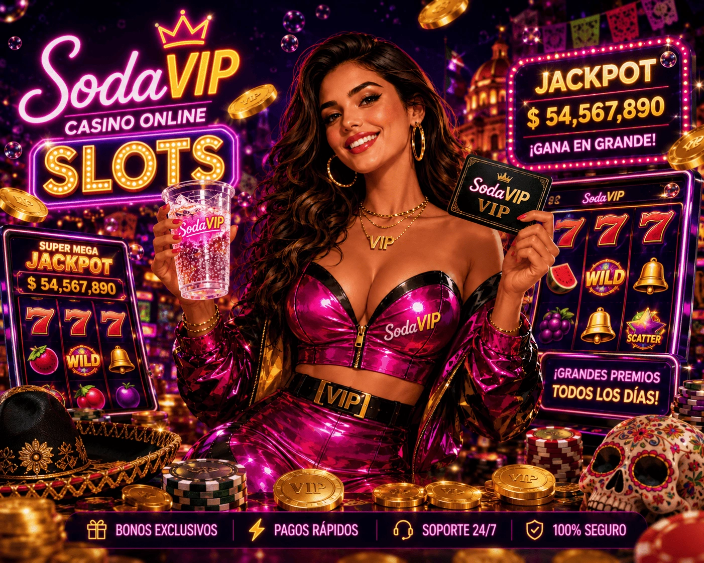 Hero de SodaVIP Slots con reels, monedas, luces neon y estilo móvil para México